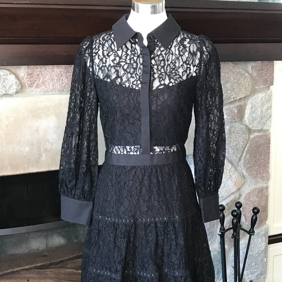 'Alice + Olivia' Collared Button Down Black Lace Dress - Size 10 - Picture 1 of 5